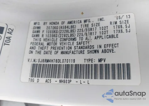 2013 Honda Cr-V Ex-L из США, поврежденный, VIN 5J6RM4H76DL070119